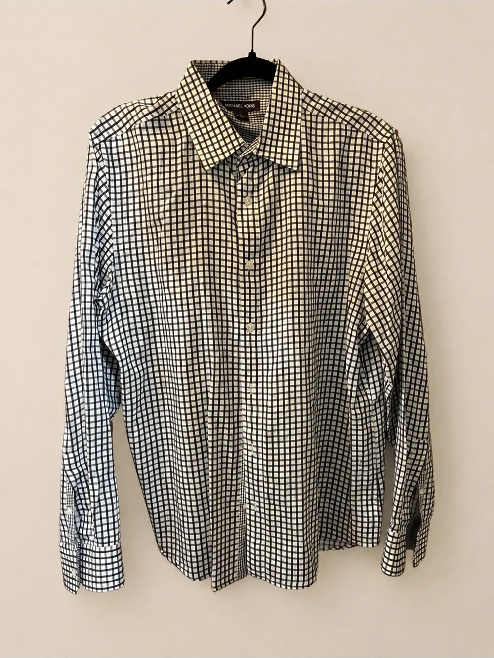 Michael Kors Men’s Large Black White Check Long Sleeve Button-Up Shirt